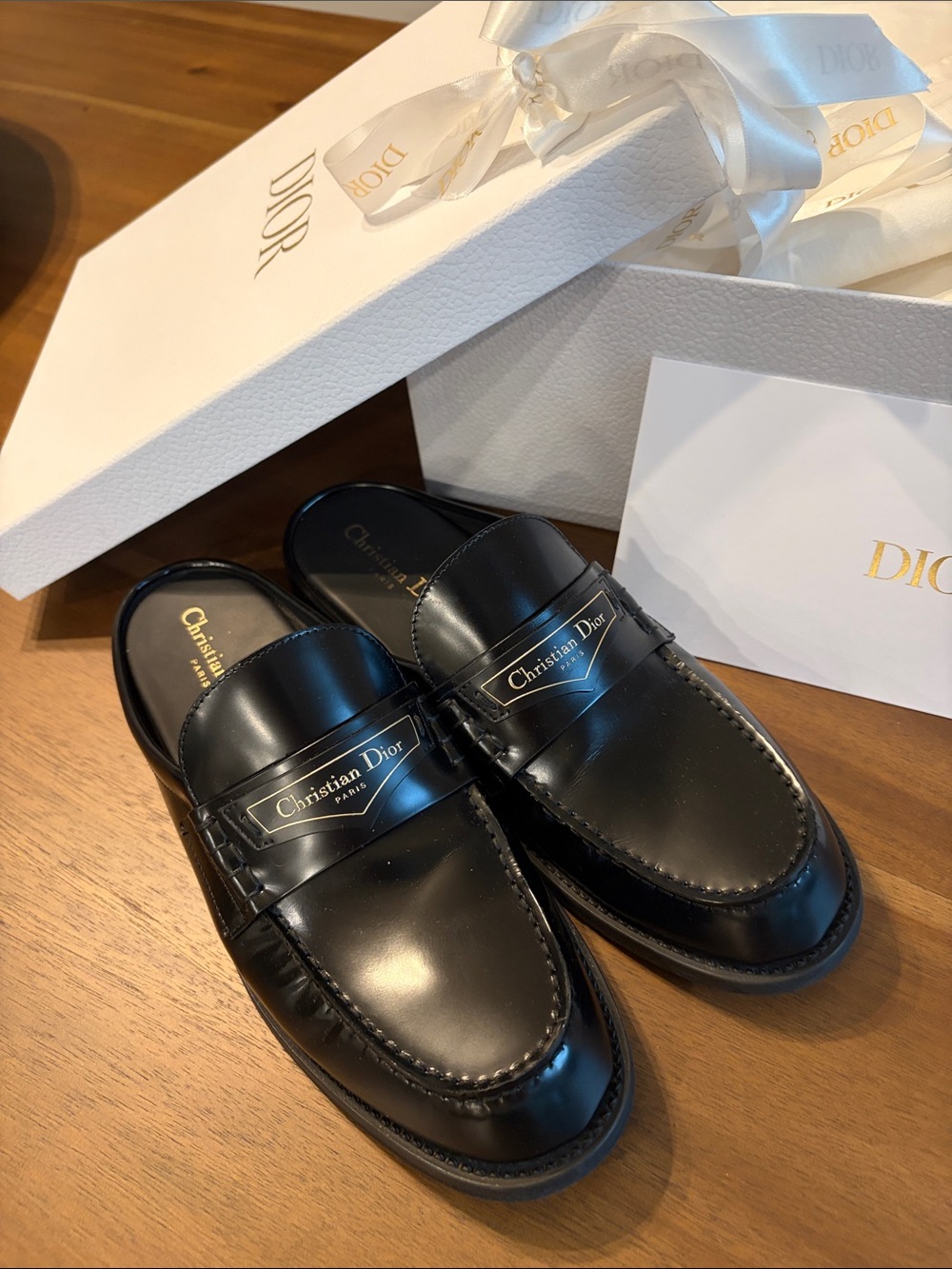 Dior Black Leather Slip-On Loafers with Gold Logo Plaque